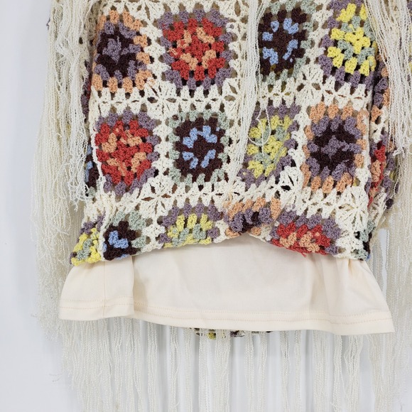 POL Crochet Square Knit Maxi Skirt Size L Tassel Fringe Boho Grandma Core Cream - Picture 10 of 11